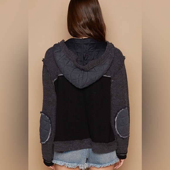 POL Shacket/ Mixed Print Hooded Button Up - Picture 2 of 3